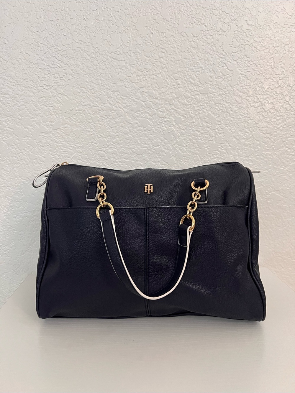 Tommy Hilfiger Navy Blue Pebble Grain Tote Bag Gold Chain Shoulder Purse